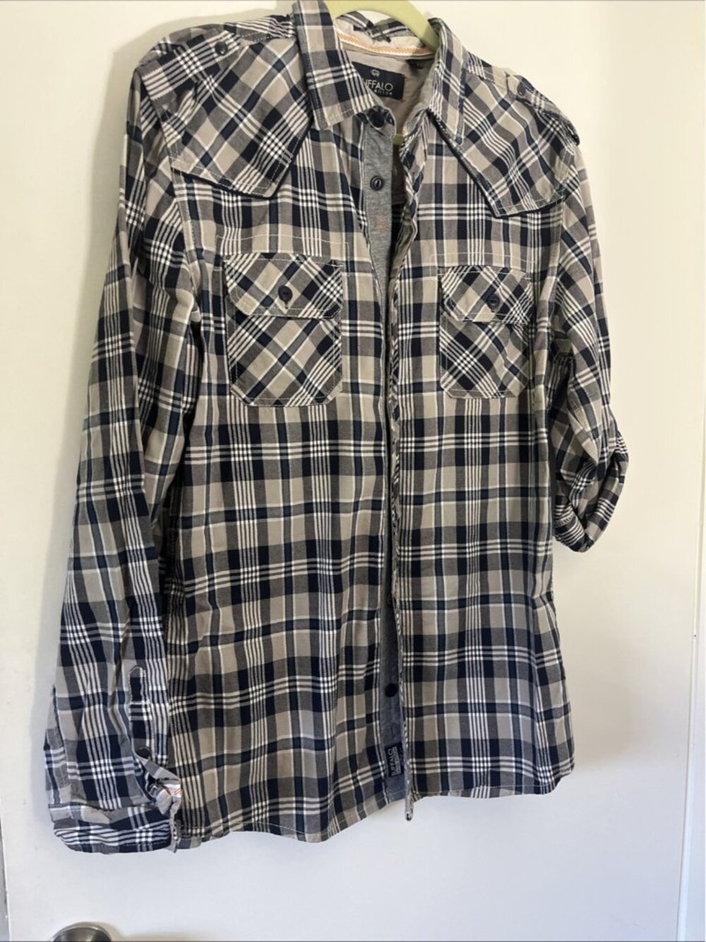 Men’s Buffalo Large Plaid Navy Grey Button Down High Quality